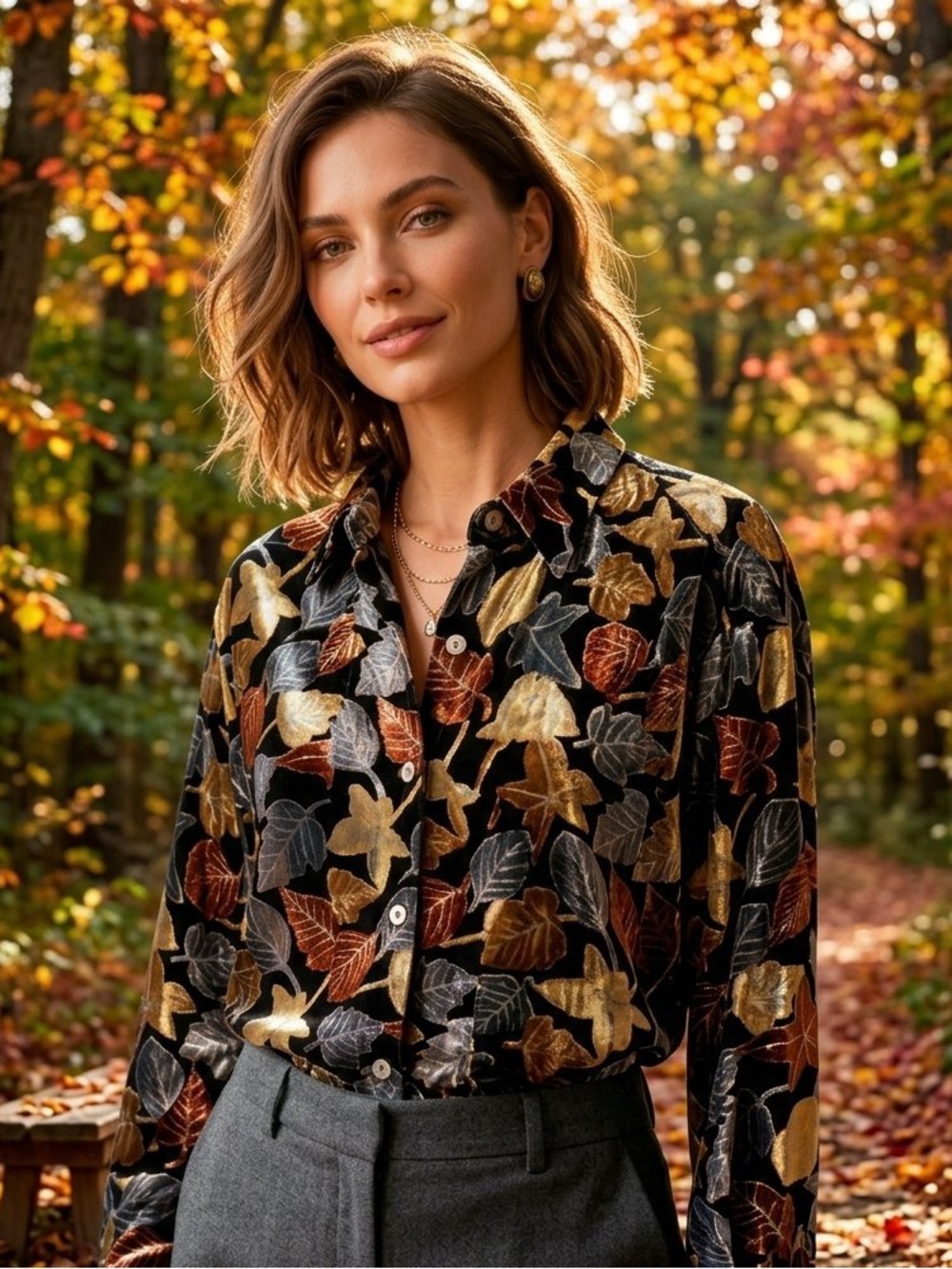 Vintage Fall Leaf Velvet Devoré Button-Down Blouse – Dark Academia Autumn Shirt